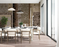 A Dining room corner gains weathered depth from Urban Patina Collage wall mural.GD9599