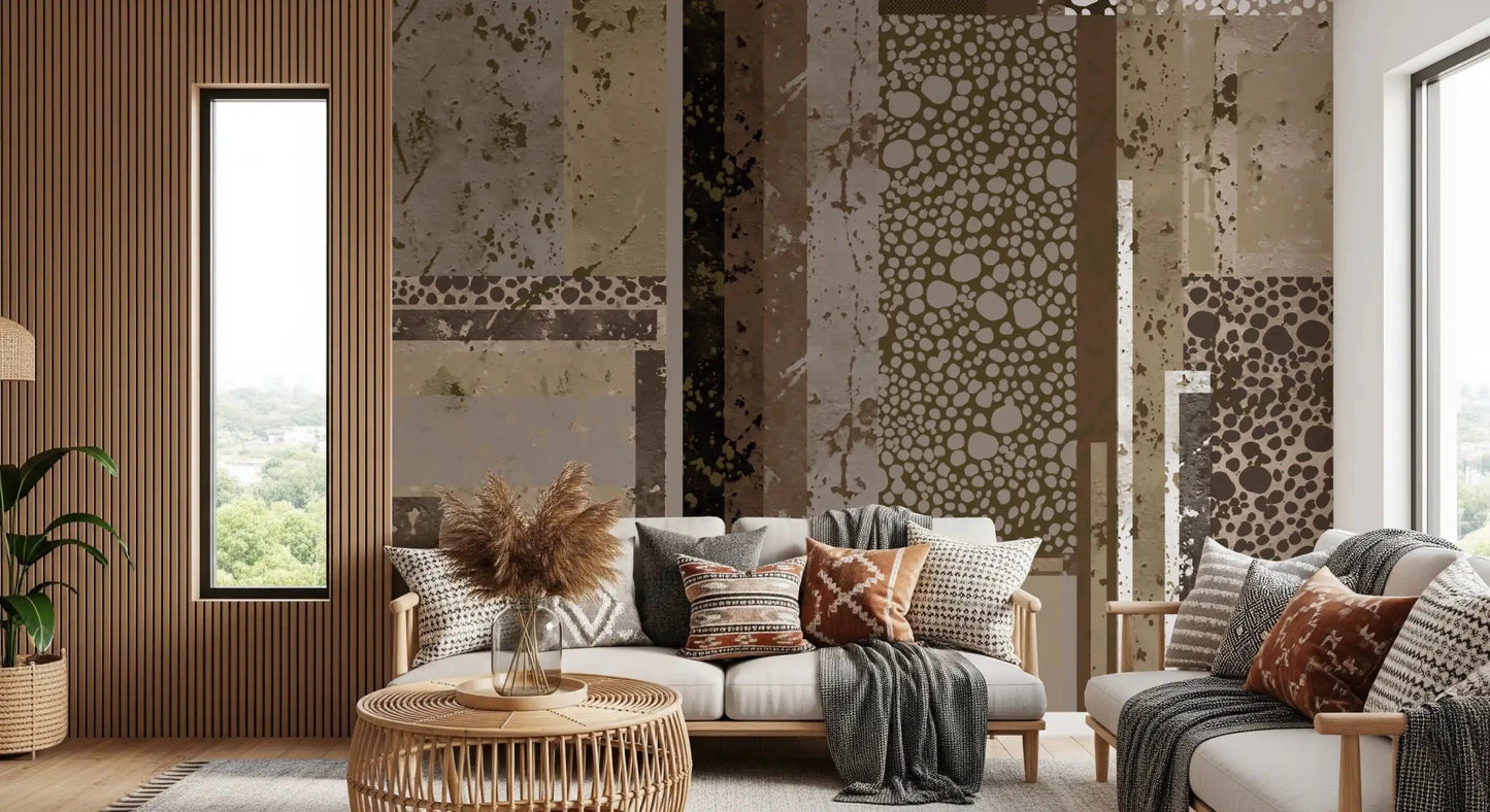 Pebble-stone clusters fill key columns inside Urban Patina Collage abstract wall mural.GD9599