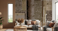 Pebble-stone clusters fill key columns inside Urban Patina Collage abstract wall mural.GD9599