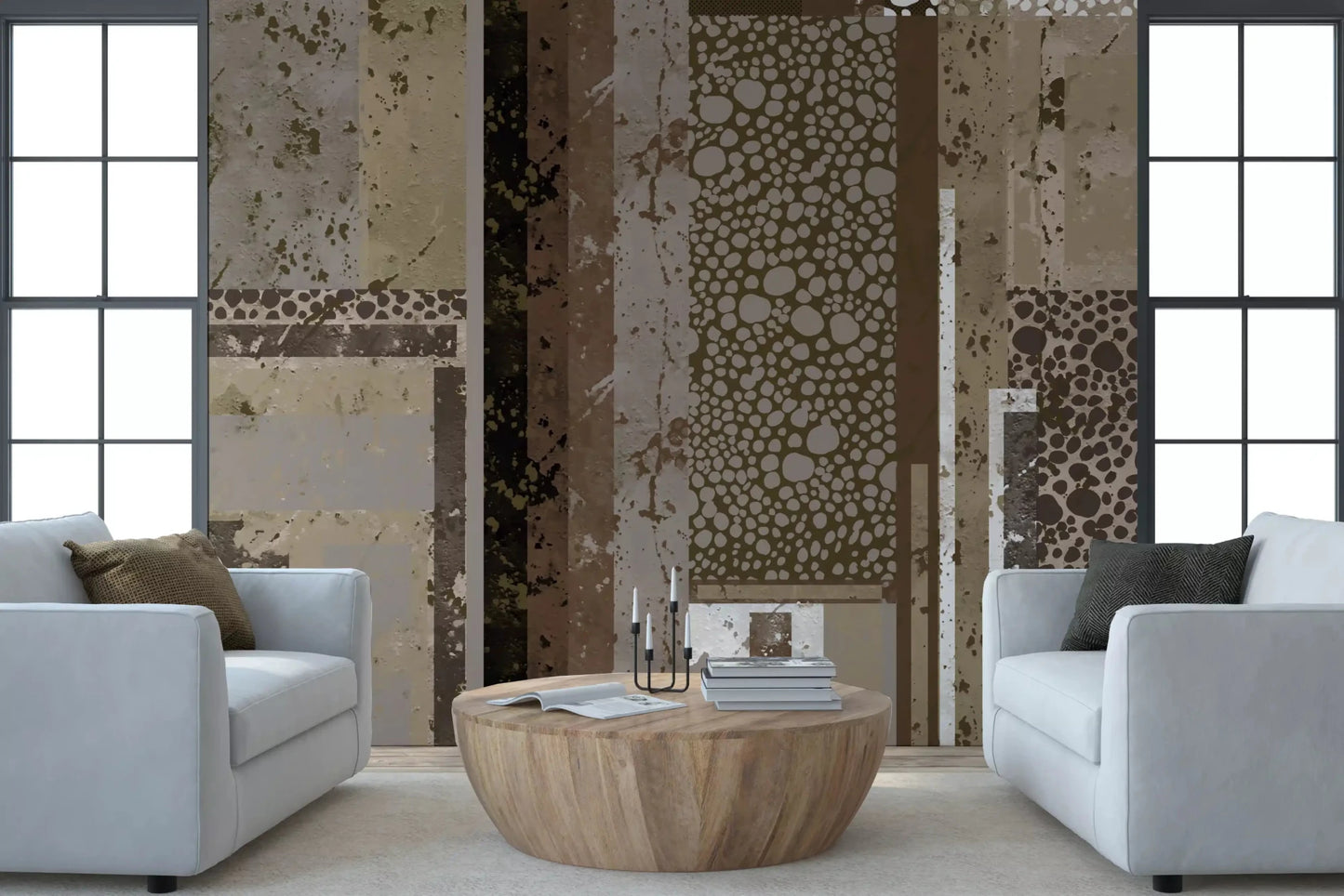 Living room area Urban Patina Collage wall mural deepens the lived-in mood.GD9599