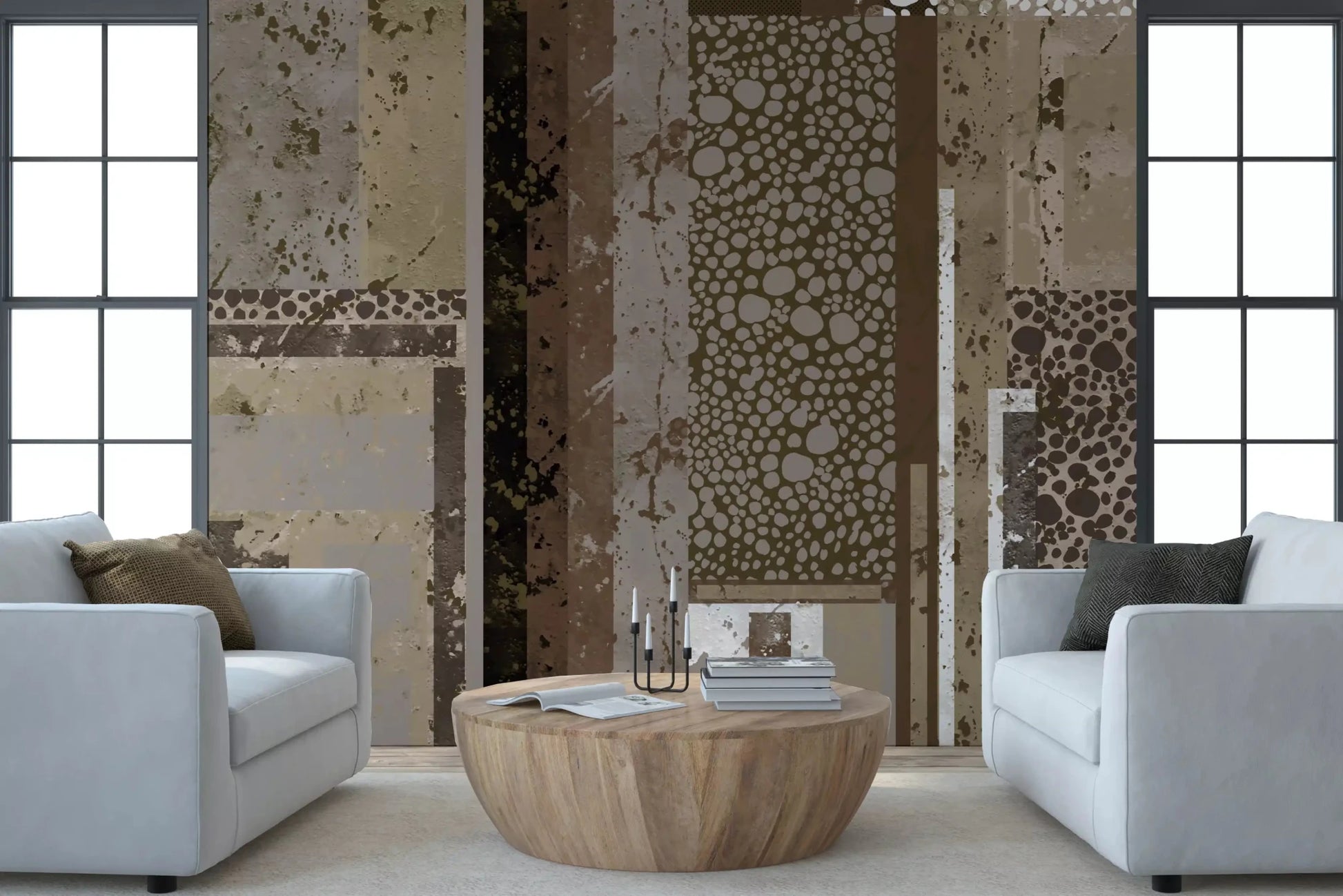 Living room area Urban Patina Collage wall mural deepens the lived-in mood.GD9599