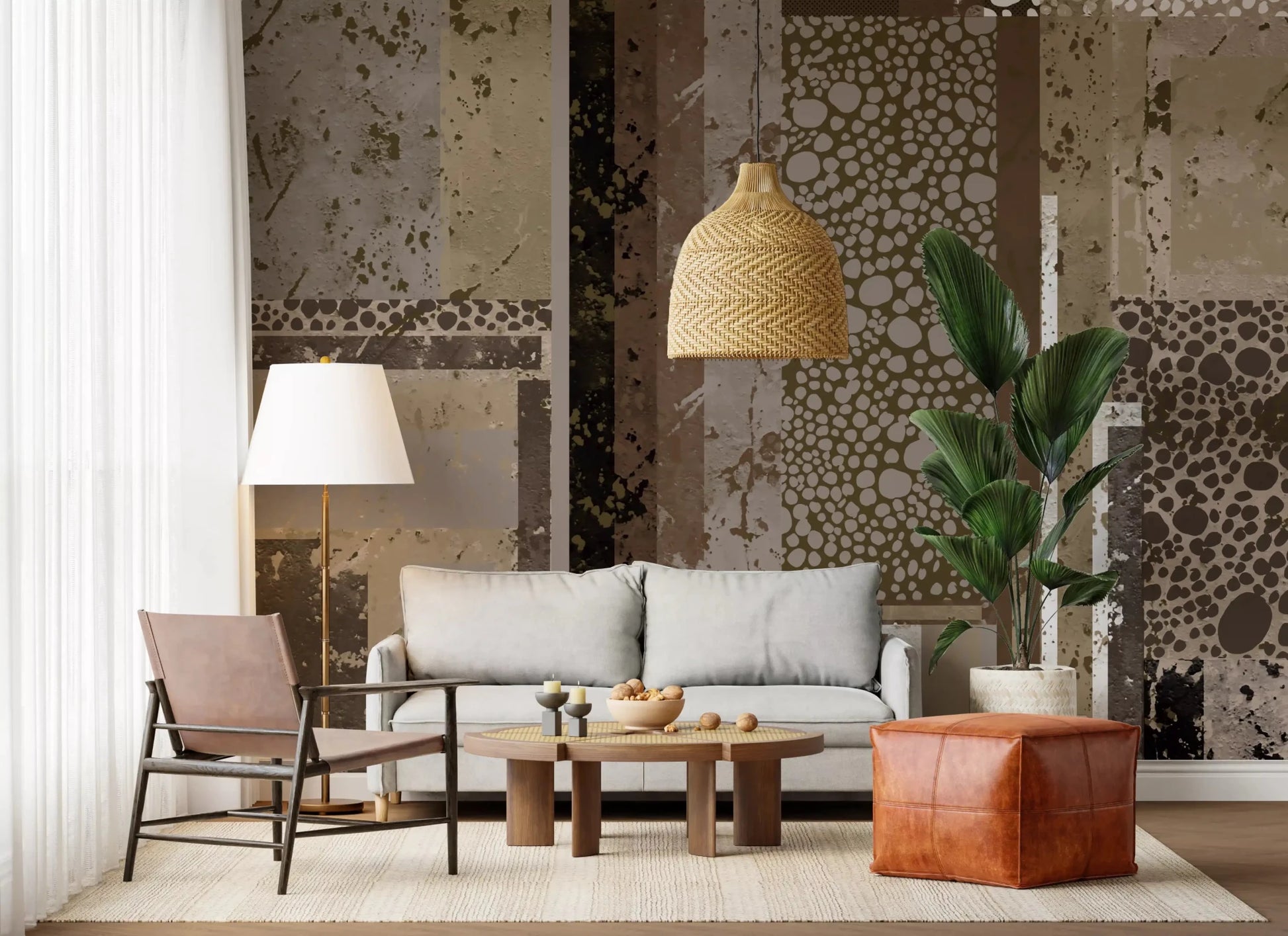 In an entryway corner, Urban Patina Collage wall mural holds aged industrial mood.GD9599