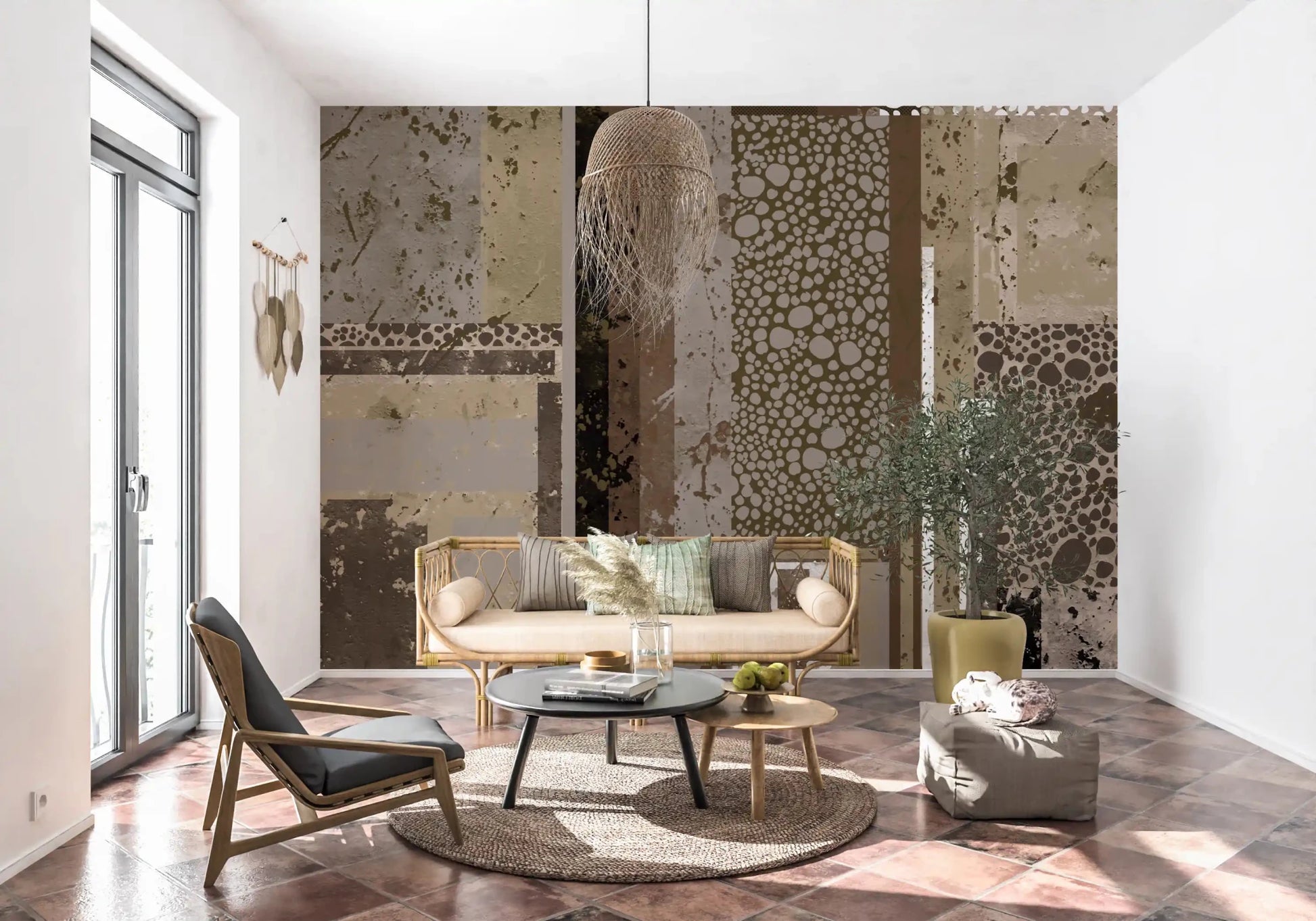 Quiet stacked panels fill the sitting area on Urban Patina Collage geometric wall mural.GD9599