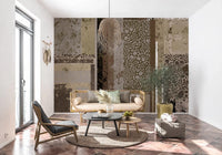 Quiet stacked panels fill the sitting area on Urban Patina Collage geometric wall mural.GD9599