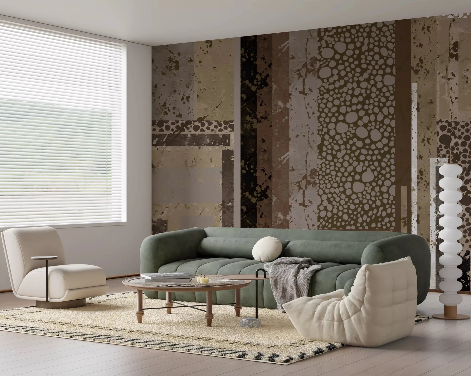 The lounge takes on layered earthy texture from Urban Patina Collage abstract wall mural.GD9599