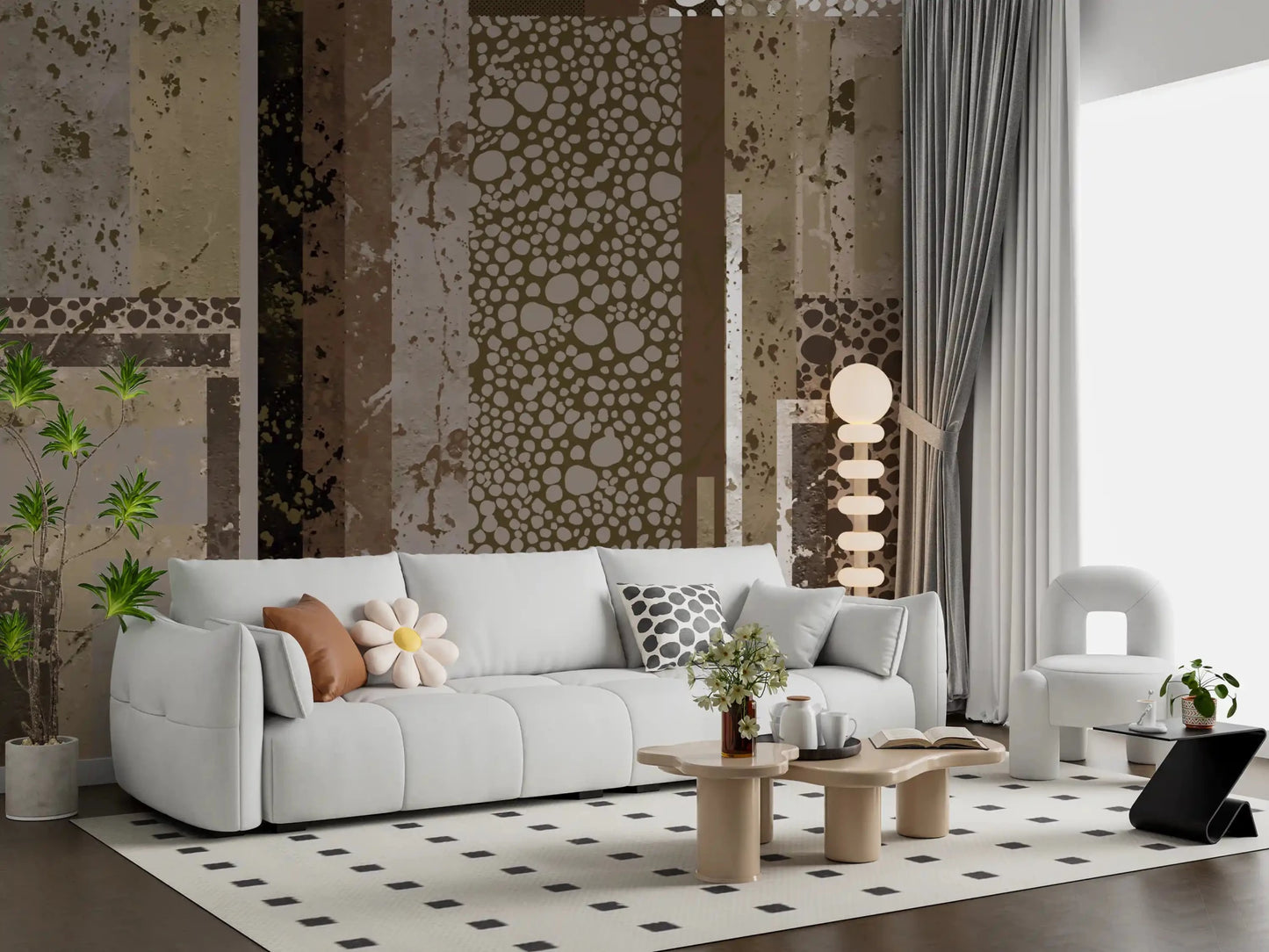 Urban Patina Collage wall mural shows stacked panels in warm earthy tones.GD9599