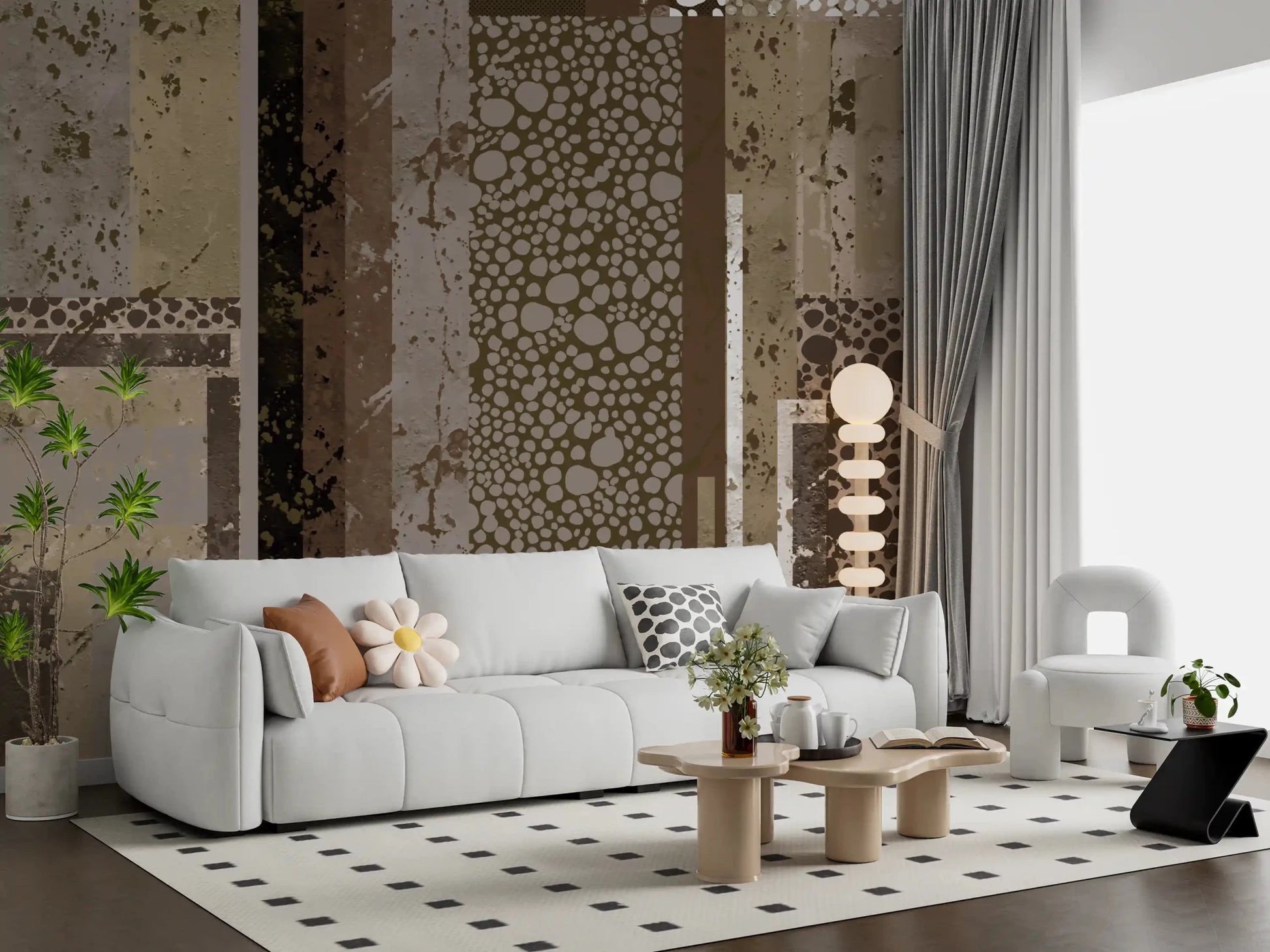 Urban Patina Collage wall mural shows stacked panels in warm earthy tones.GD9599