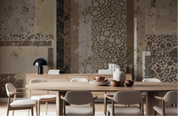 Urban Patina Collage wall mural turns the dining room into a layered industrial backdrop.GD9599