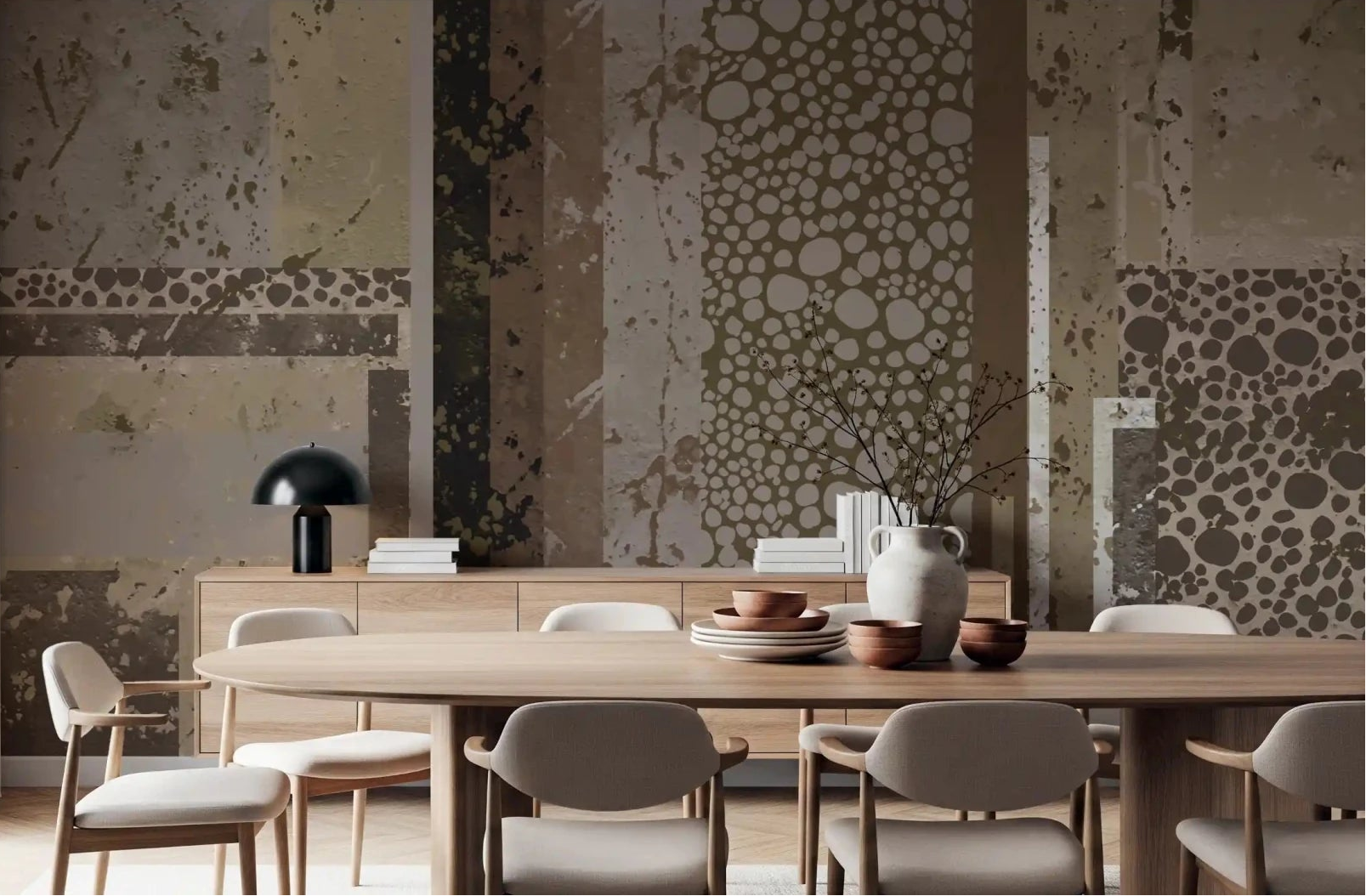 Urban Patina Collage wall mural turns the dining room into a layered industrial backdrop.GD9599