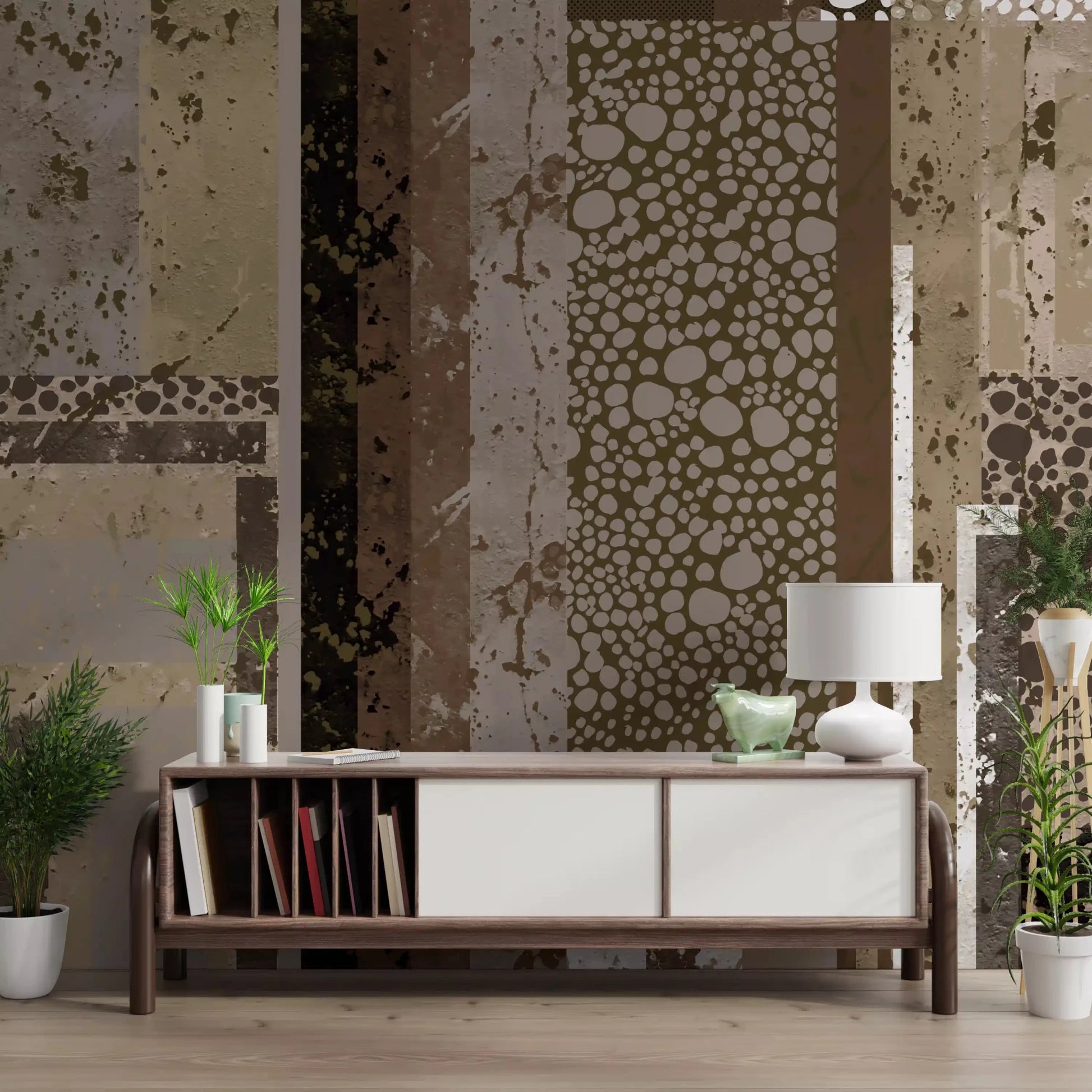 At every column, Urban Patina Collage wall mural mixes pebble fields and splatter washes.GD9599