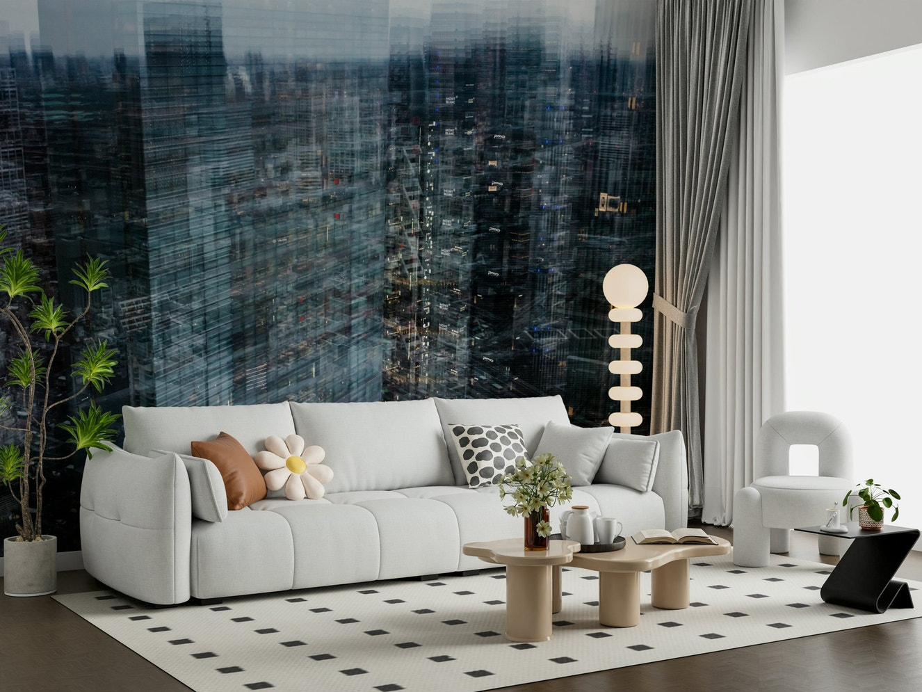 A beautiful abstract cityscape wallpaper mural with subtle, phantom-like architectural forms.