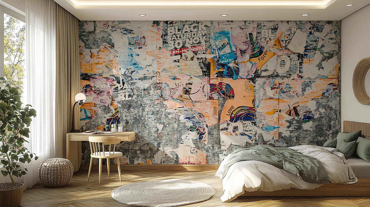 Bold urban poster patchwork wallpaper mural for modern walls. B320
