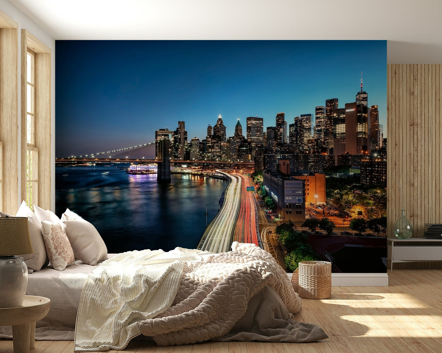 Dynamic traffic streaks across peel and stick wallpaper.