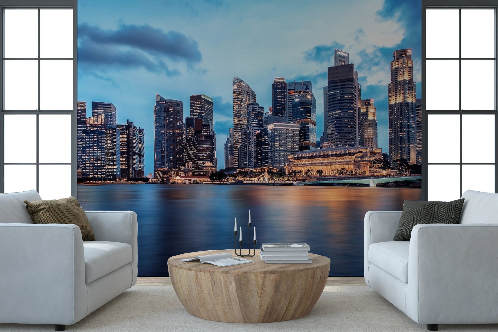 Urban Serenity Wall Mural with soft grey tones in a modern living room wallpaper, GD8033
