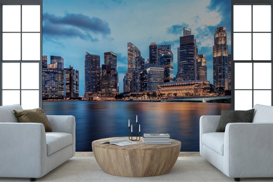 Urban Serenity Wall Mural with soft grey tones in a modern living room wallpaper