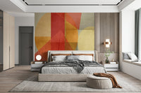 Artistic Urban Shapes Fusion mural harmonious composition, ochre, gold, ruby shades.
