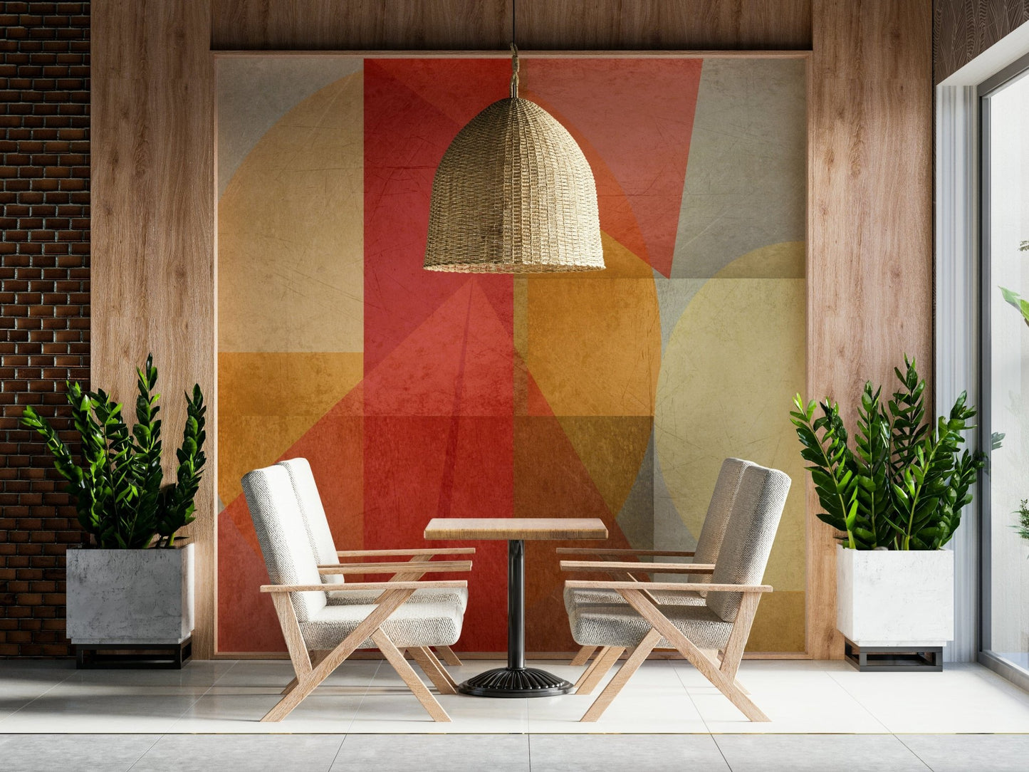 A striking Urban Shapes Fusion wallpaper: modern, interlocking, circles, rectangles, earthy palette.
