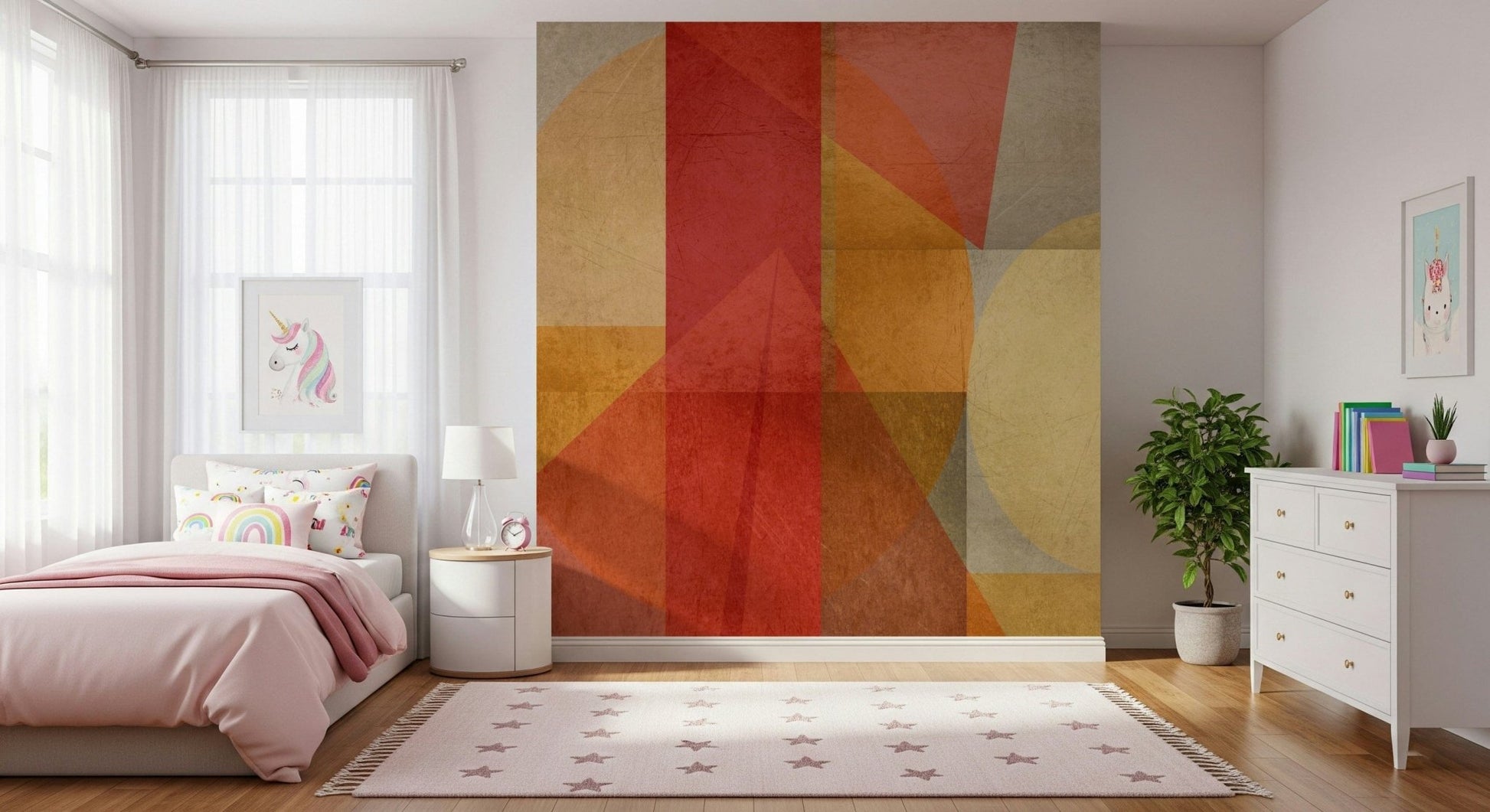 Peel and stick Urban Shapes Fusion decorative, segments, color block, distressed finish, unique art.