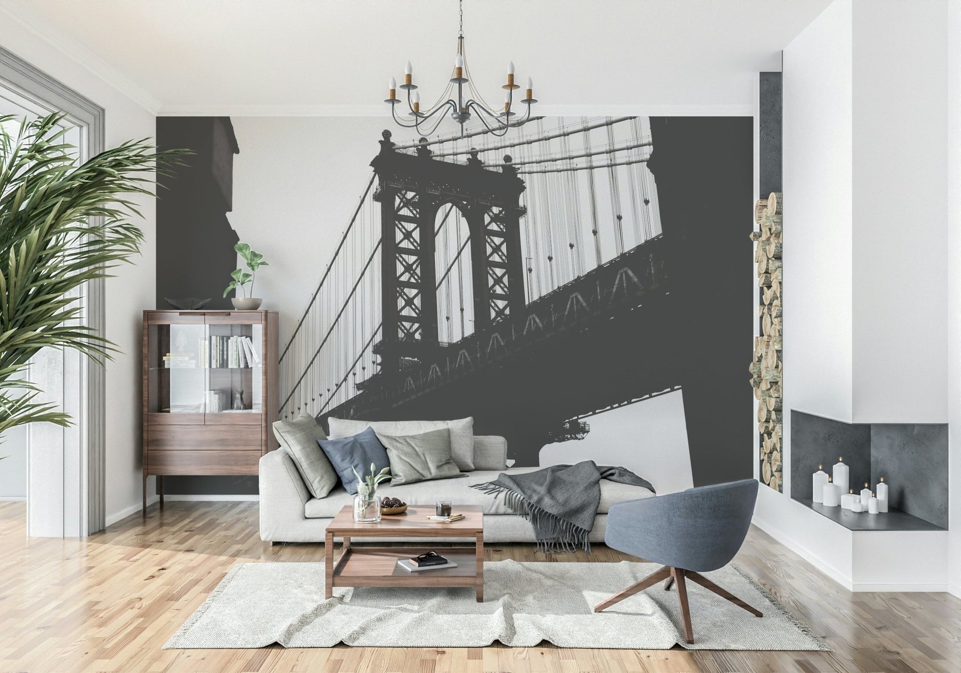 A peaceful modern abstract mural on decorative wallpaper.