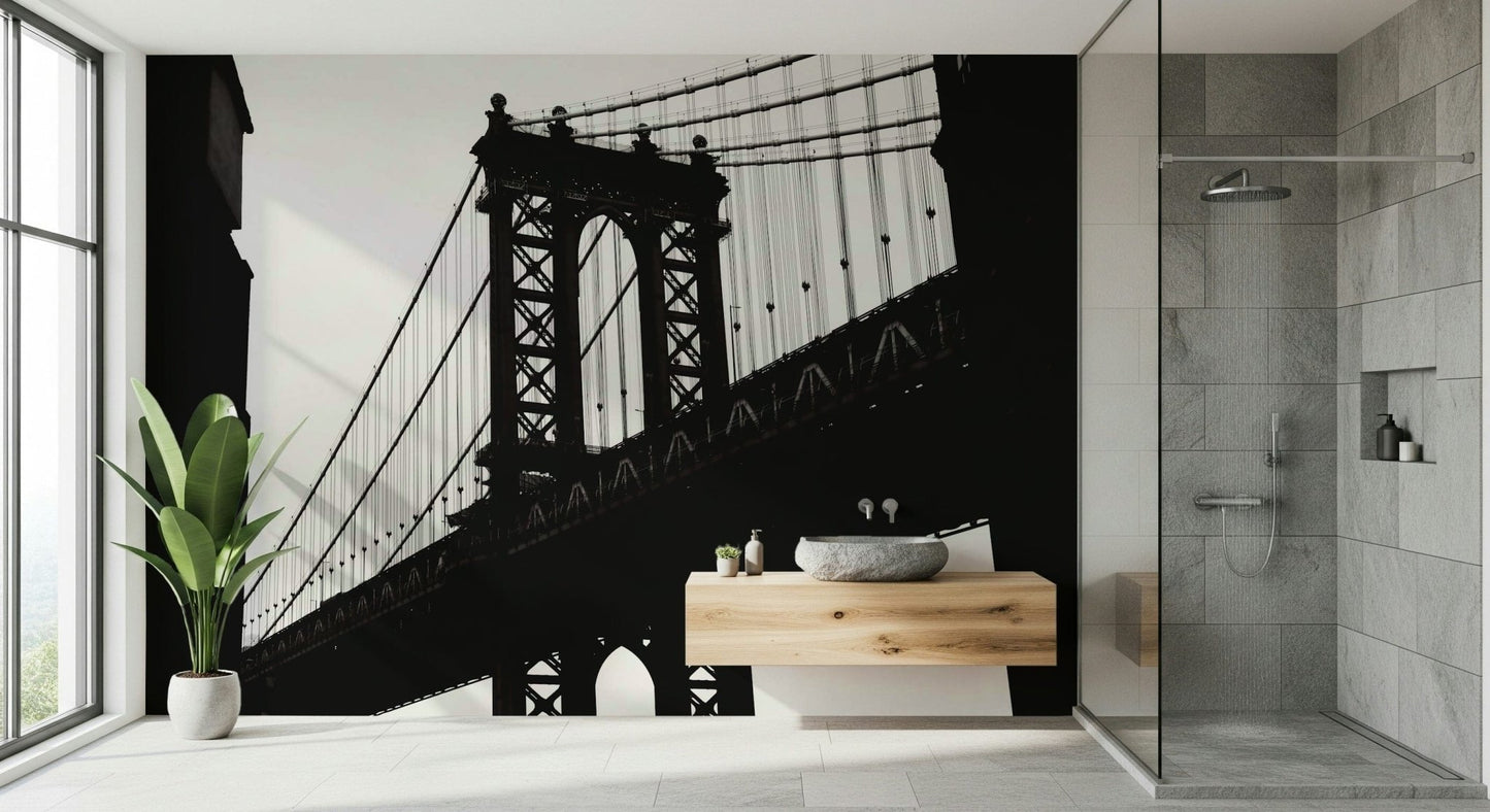 An artistic abstract bridge mural on minimalist wallpaper.