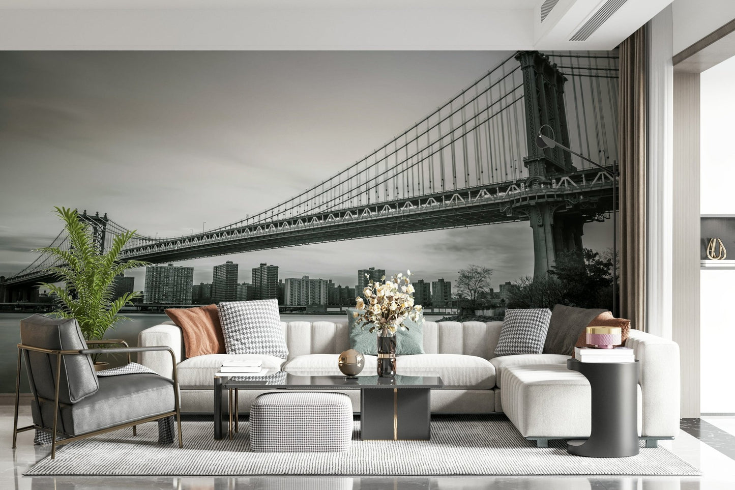 River view Monochrome wallpaper print, massive support towers Bridge mural., GD6899