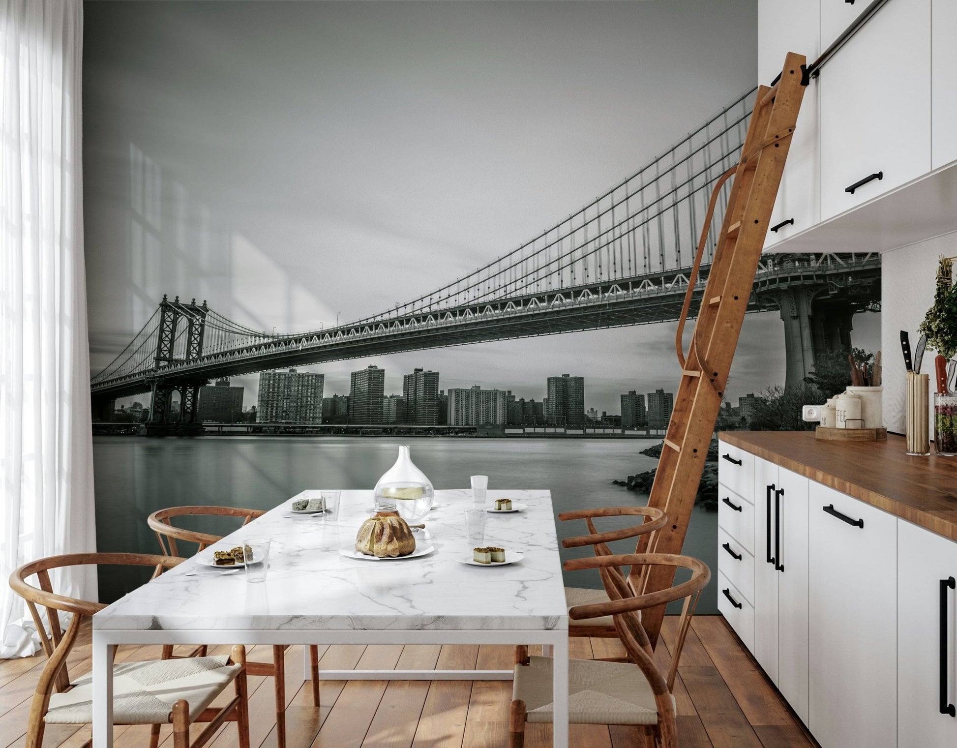 Wide Urban Span perspective wallpaper, water view Monochrome mural art., GD6899