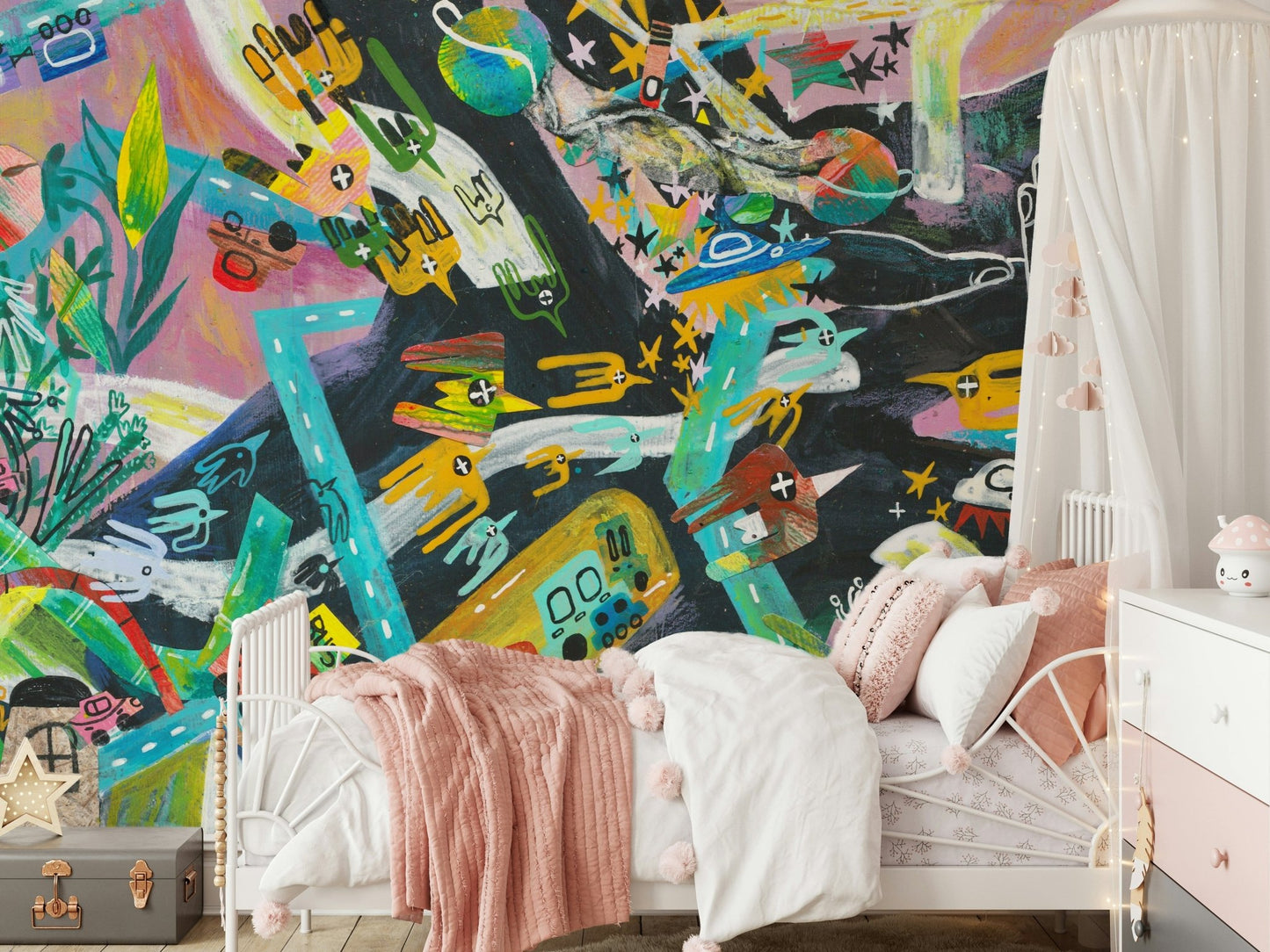 An artistic abstract block mural on minimalist wallpaper.