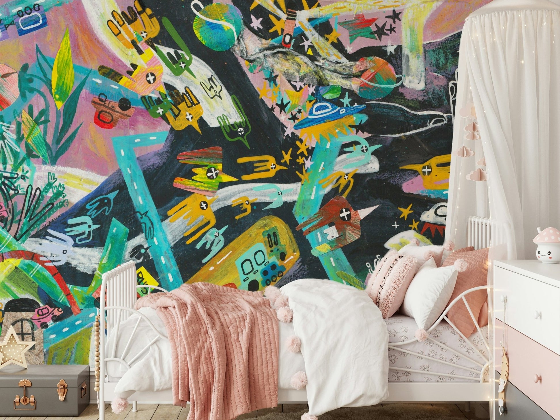 An artistic abstract block mural on minimalist wallpaper.