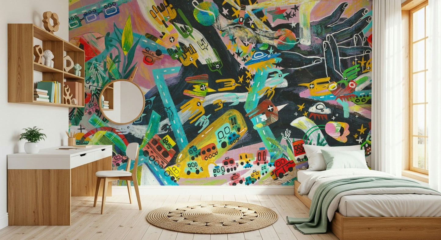 A contemplative geometric design wallpaper mural for a feature wall.