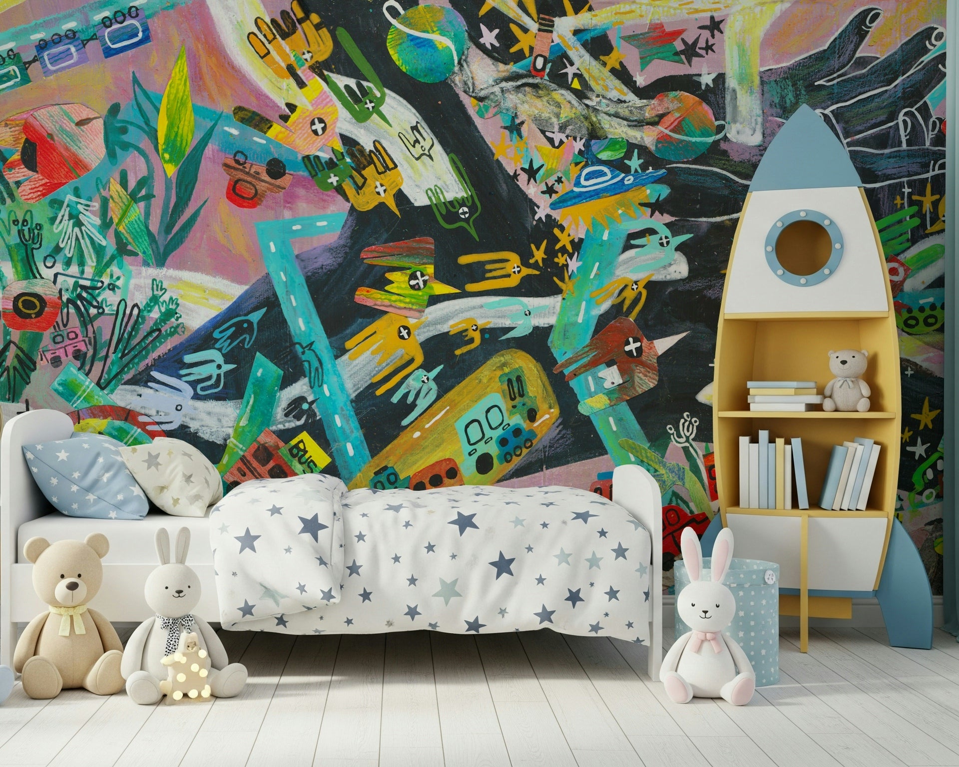 A peaceful geometric design mural on decorative wallpaper.