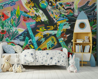 A peaceful geometric design mural on decorative wallpaper.