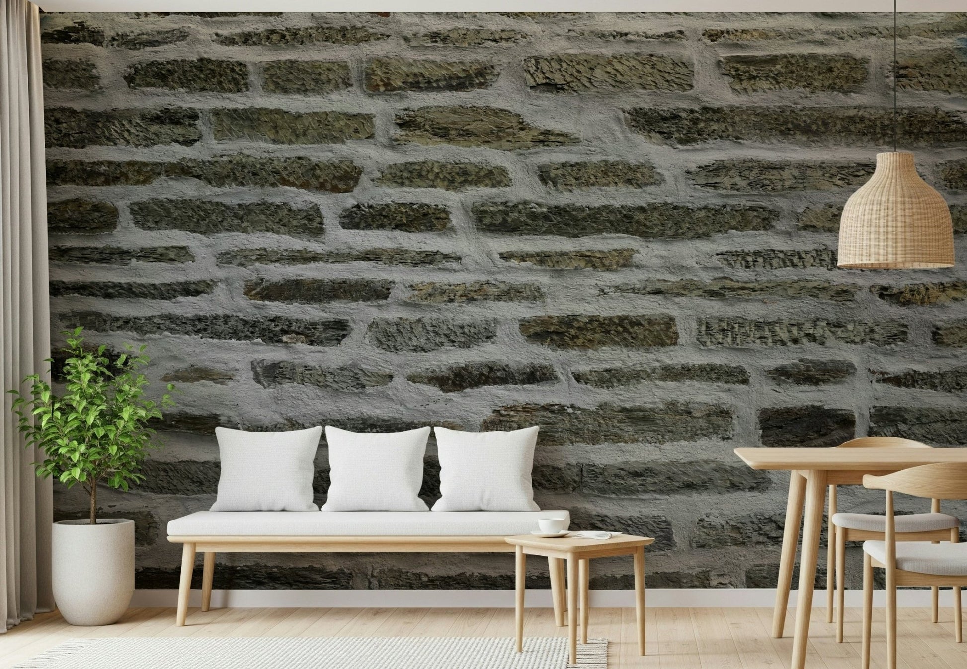 Urban stone wall mural in a modern living room.