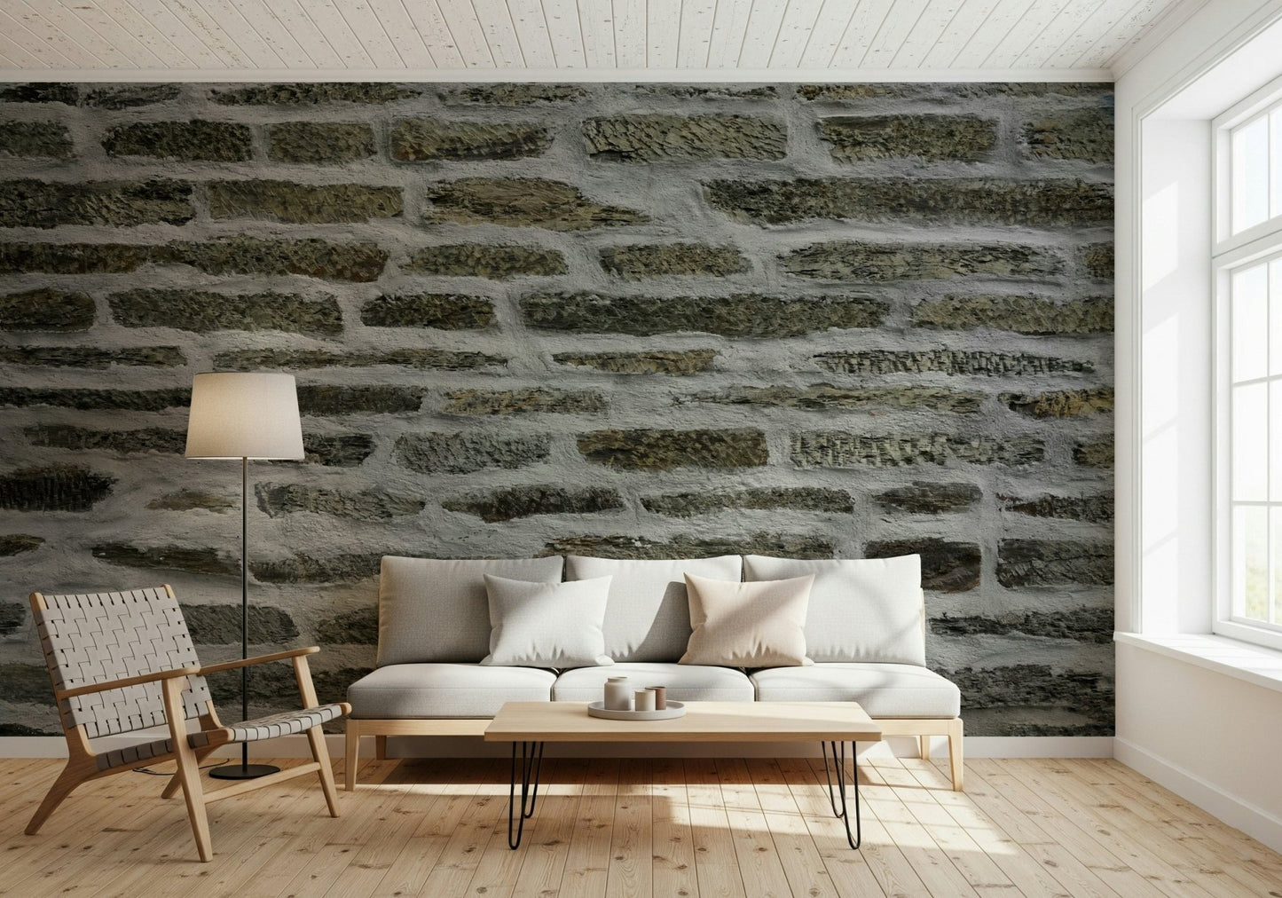 Urban stone mural in a chic city loft.