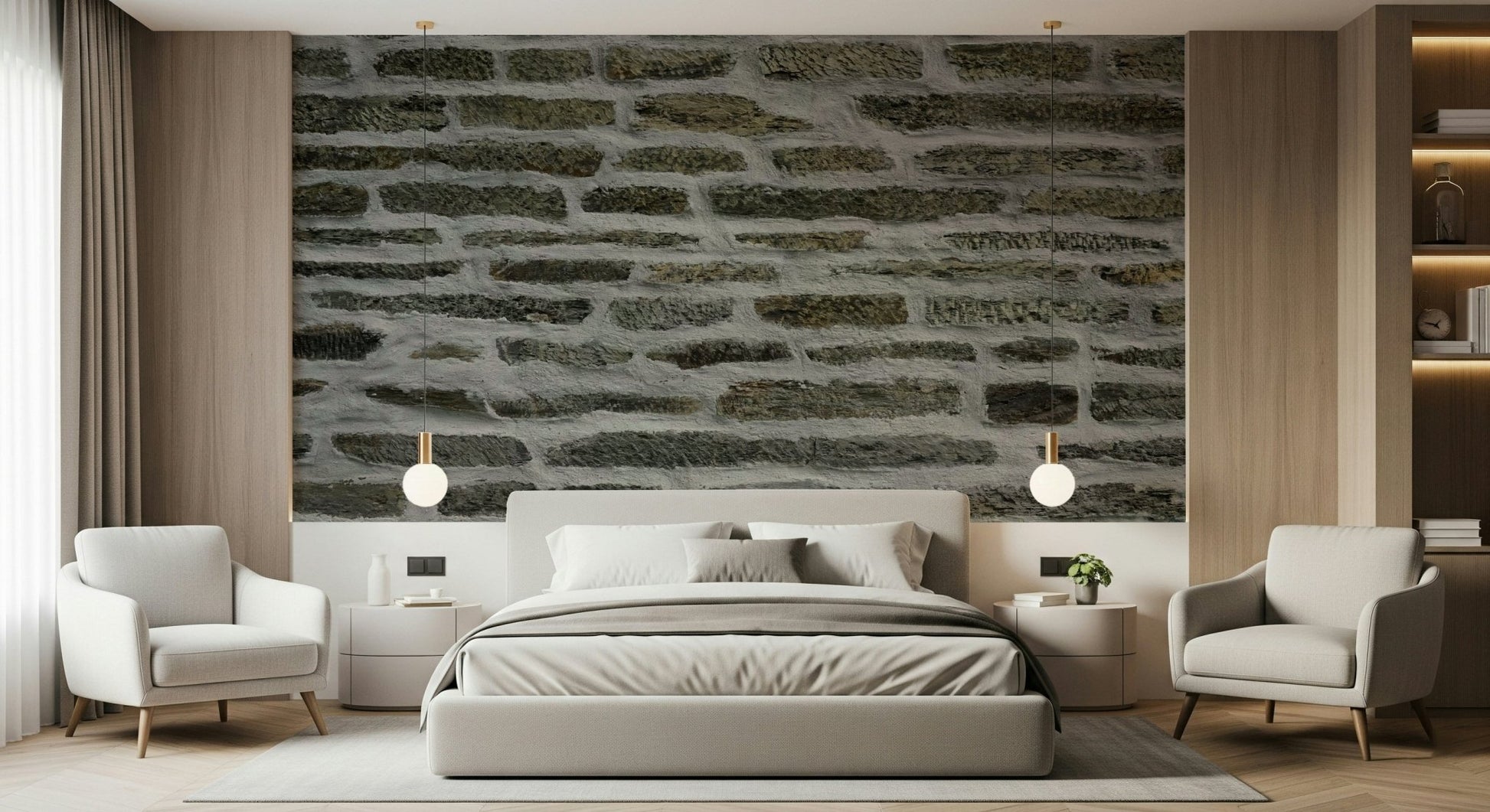 Urban stone wallpaper mural behind a sleek sofa.