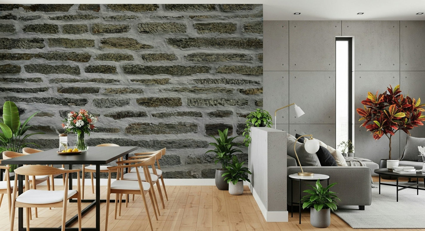 Industrial dining room featuring urban stone wallpaper.