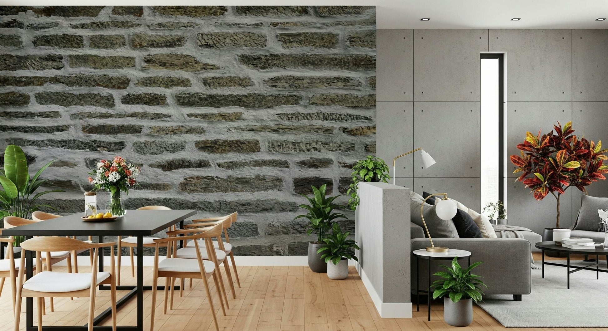 Industrial dining room featuring urban stone wallpaper.