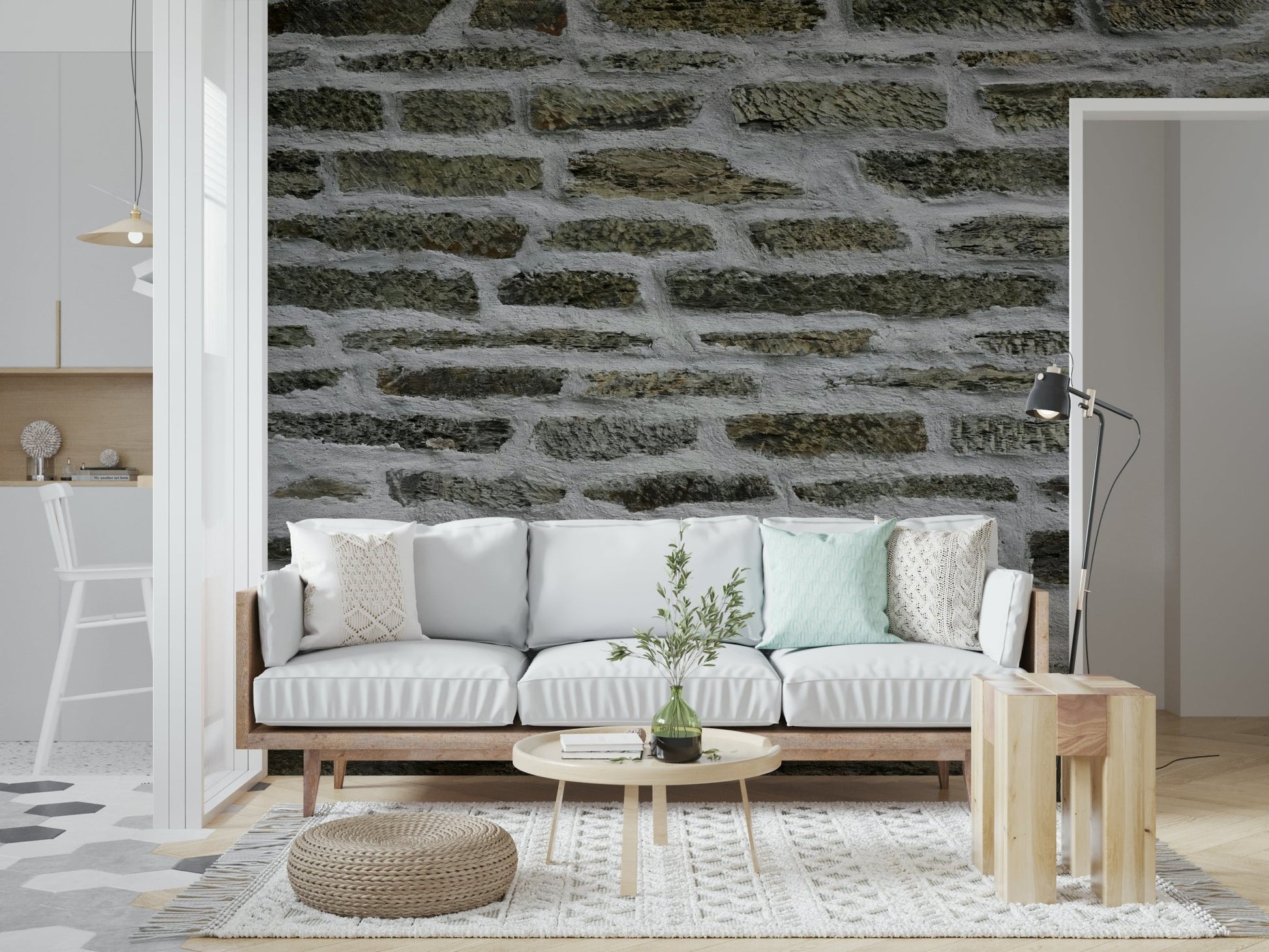 Detail shot of the gray urban stone mural.