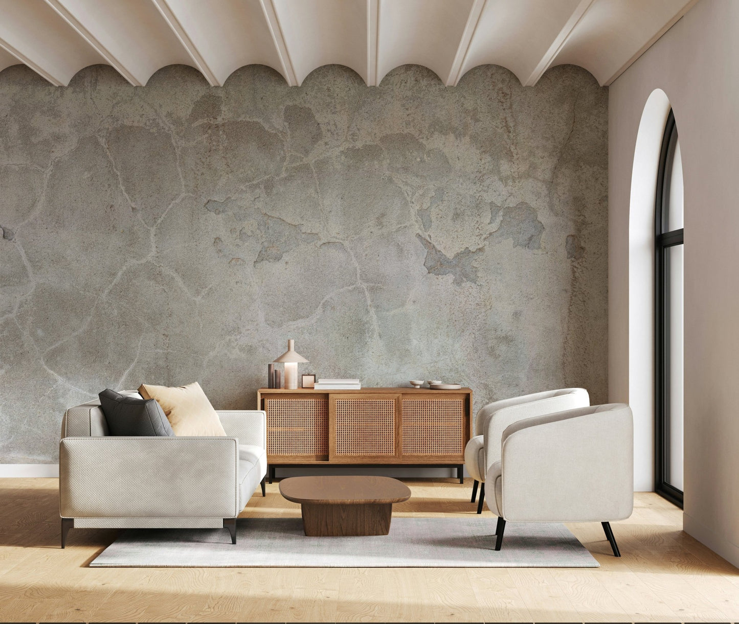 Urban Texture Wall Mural behind a minimalist bedroom headboard., GD6156