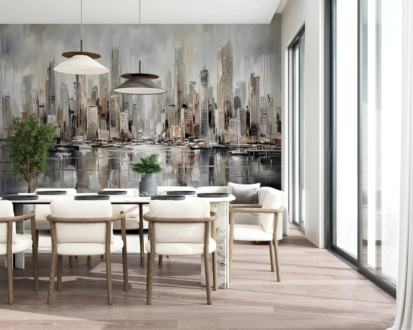 Urban Tide cityscape reflection wall mural featuring modern buildings