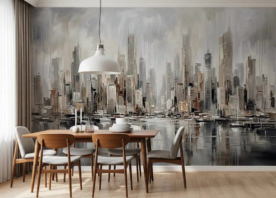 Dining room design using Urban Tide cityscape reflection wall mural urban view, GD9244