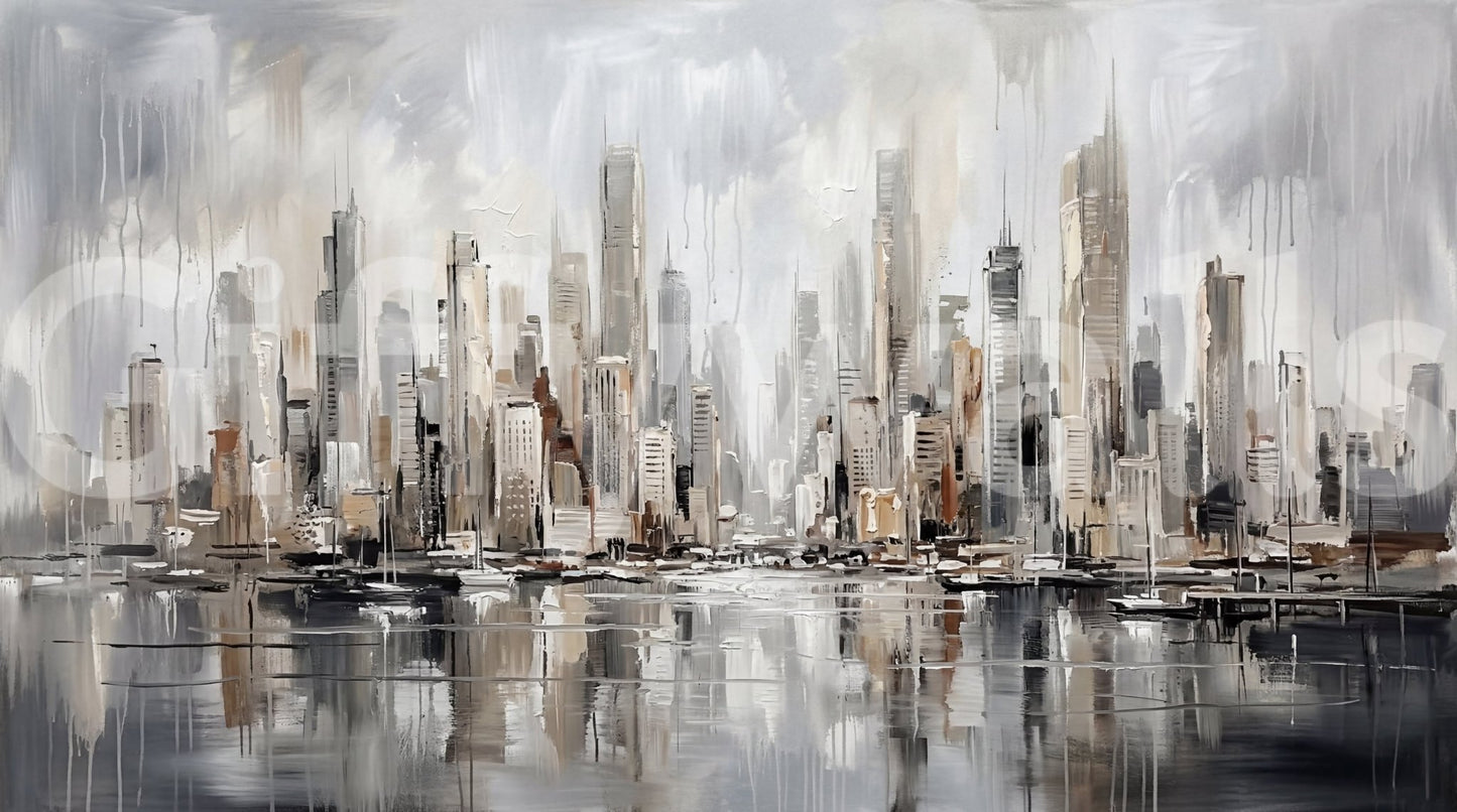 Urban Tide cityscape reflection wall mural with neutral tone buildings