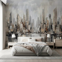 Bedroom wall featuring Urban Tide cityscape reflection wall mural buildings