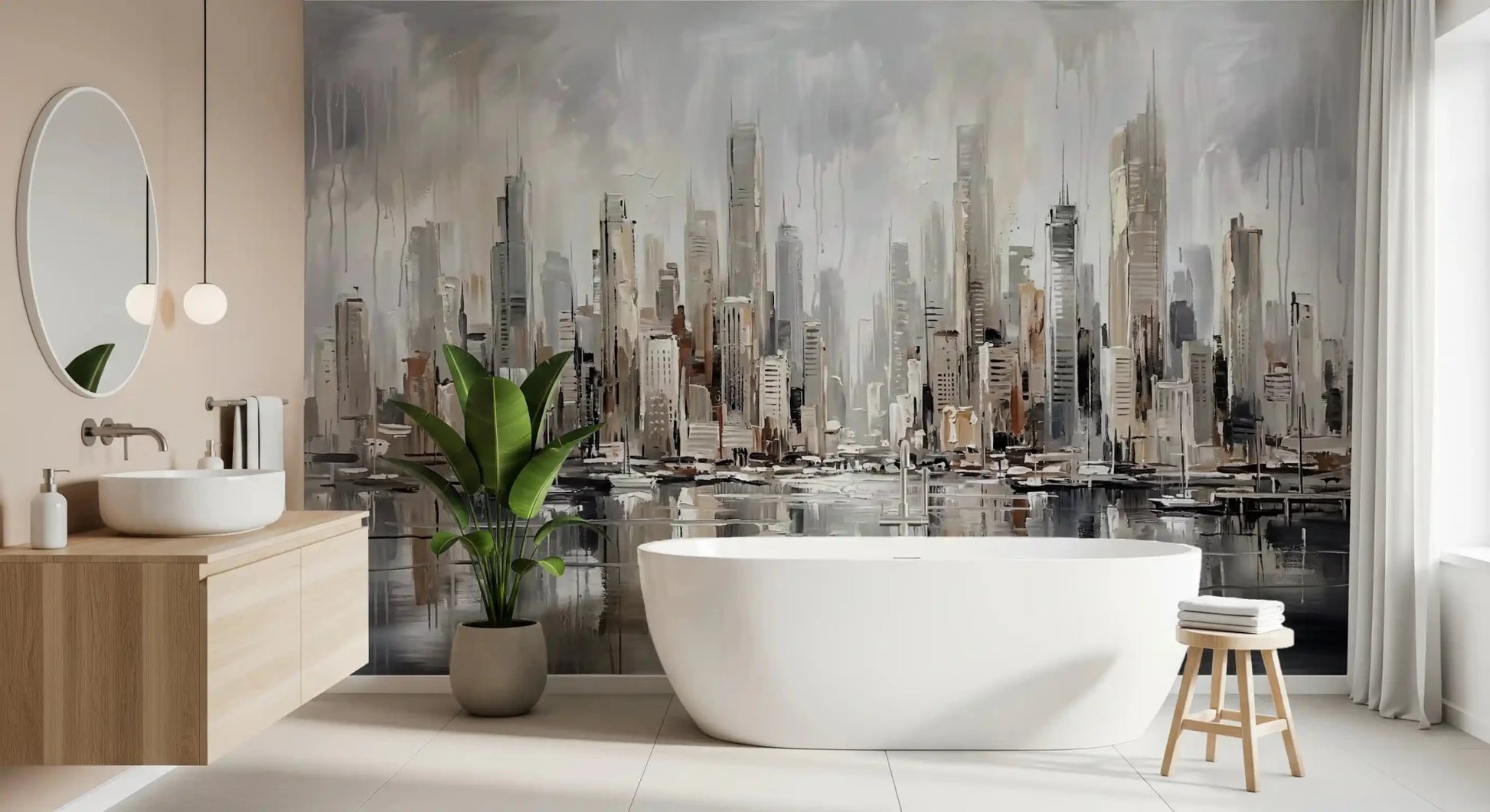 Urban Tide cityscape reflection wall mural with layered urban textures