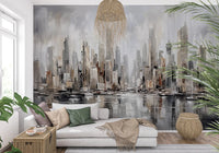 City skyline wall mural with Urban Tide reflection art design