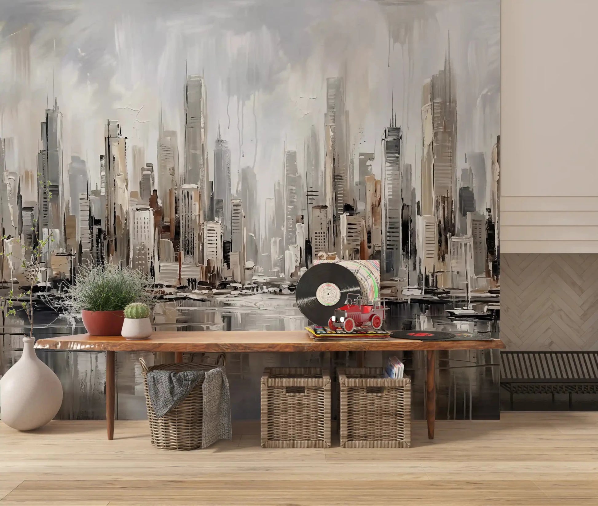 Abstract city wall mural with Urban Tide skyline reflection scene
