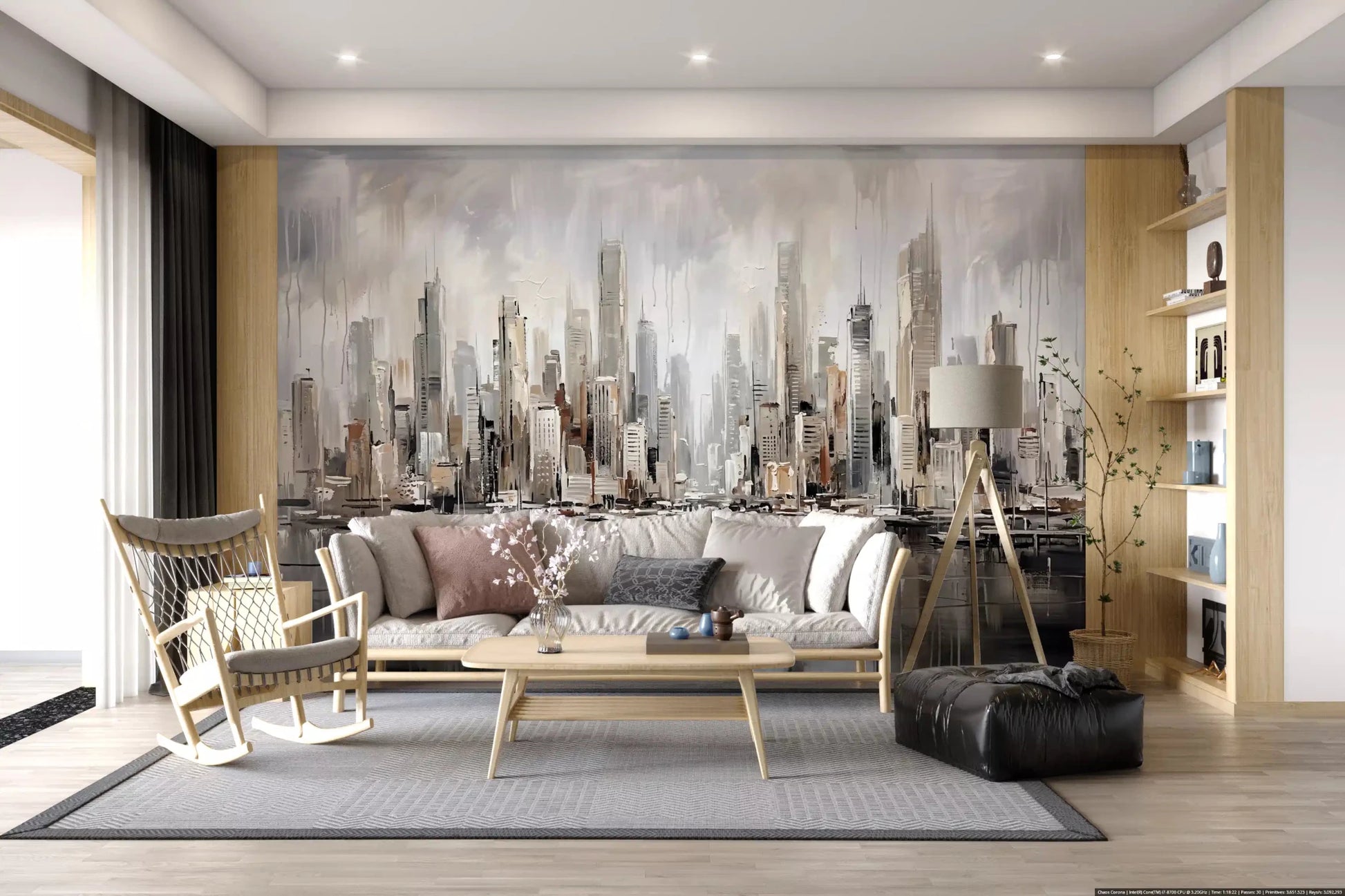 Living room styled with Urban Tide cityscape reflection wall mural skyline
