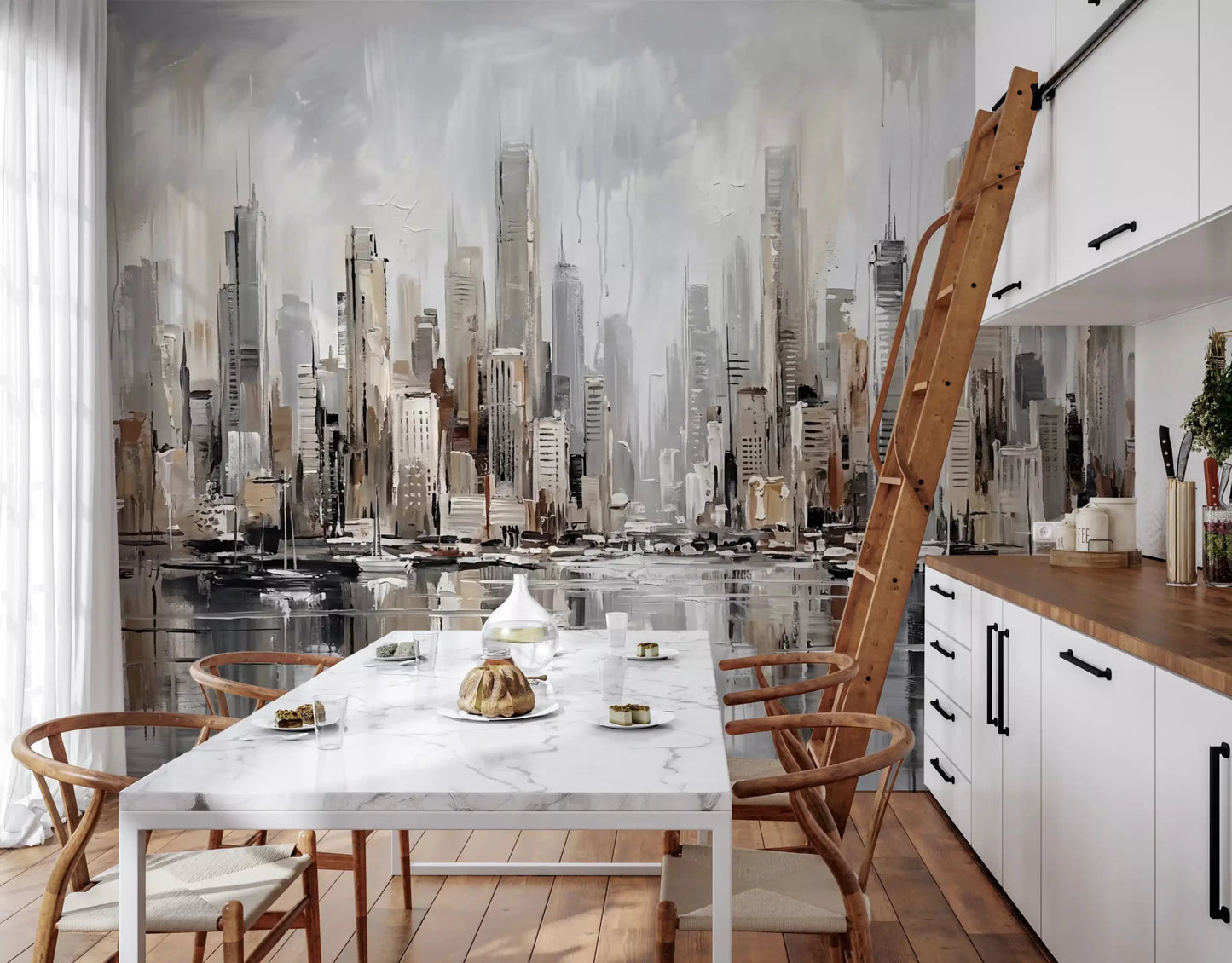Modern skyline wall mural featuring Urban Tide reflective composition