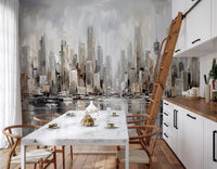 Modern skyline wall mural featuring Urban Tide reflective composition
