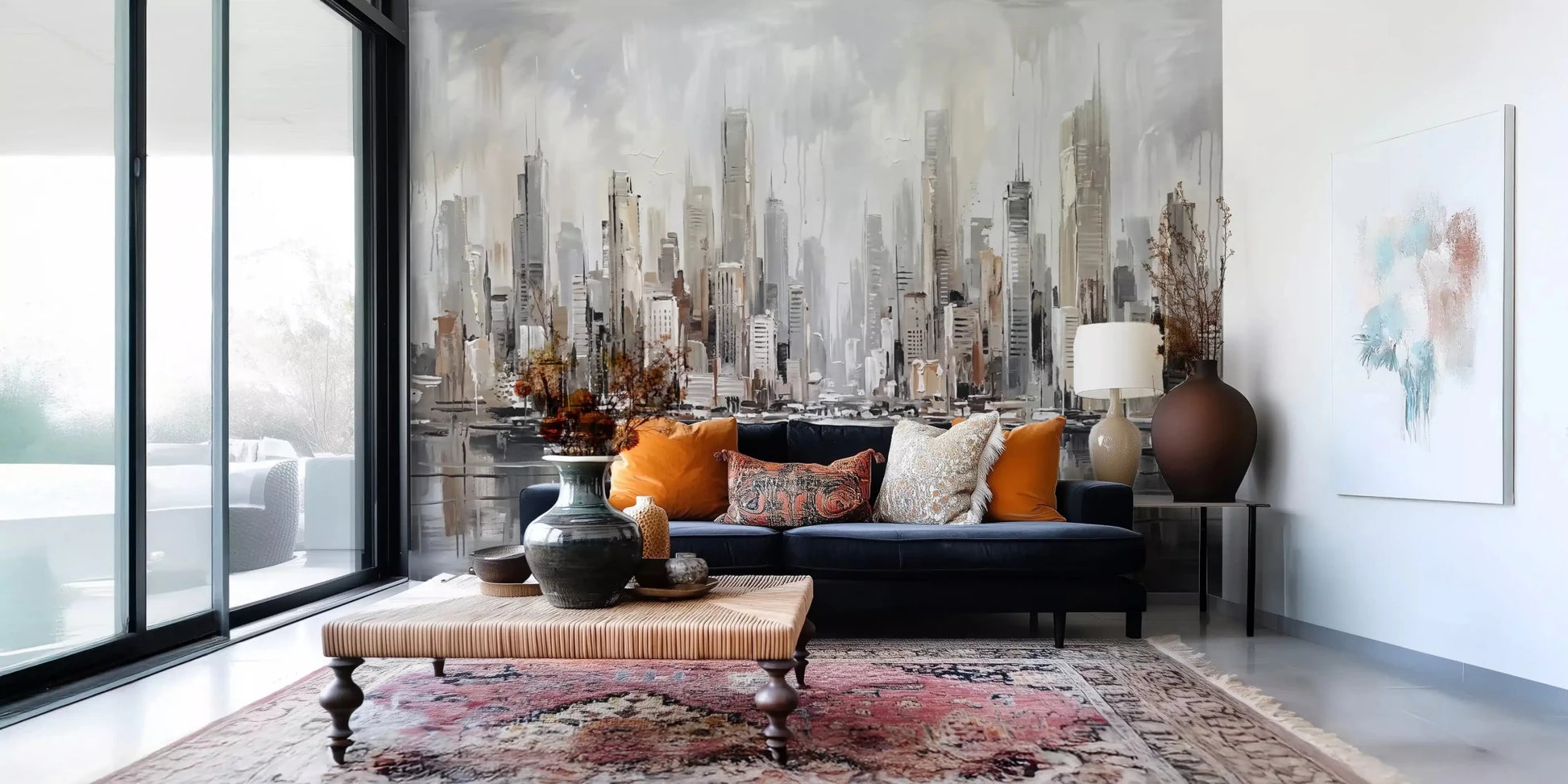 Hallway room setup with Urban Tide cityscape reflection wall mural skyline