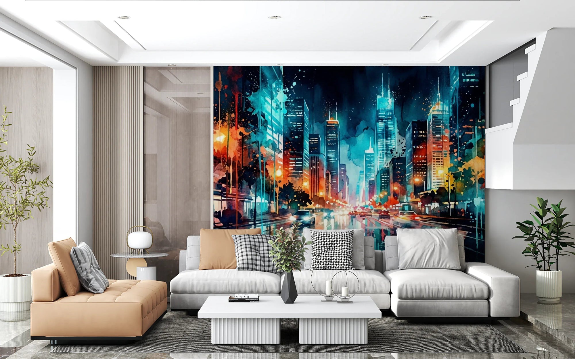 Office area with Urban Watercolor Wall Mural and glowing city street scene, GD8060